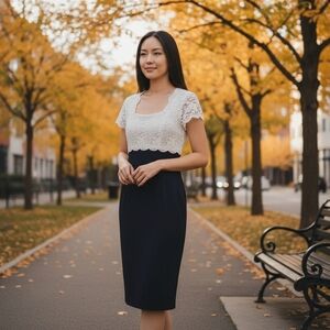 Vintage Scott McClintock Navy and White Lace Pencil Dress